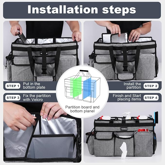 Extra Large Cleaning Caddy Bag with Rigid Support Board, Cleaning Organizer Tote with Detachable Divider, Adjustable Shoulder Strap & Waist Belt, Cleaning Supply Carrier for Cleaners & Housekeepers