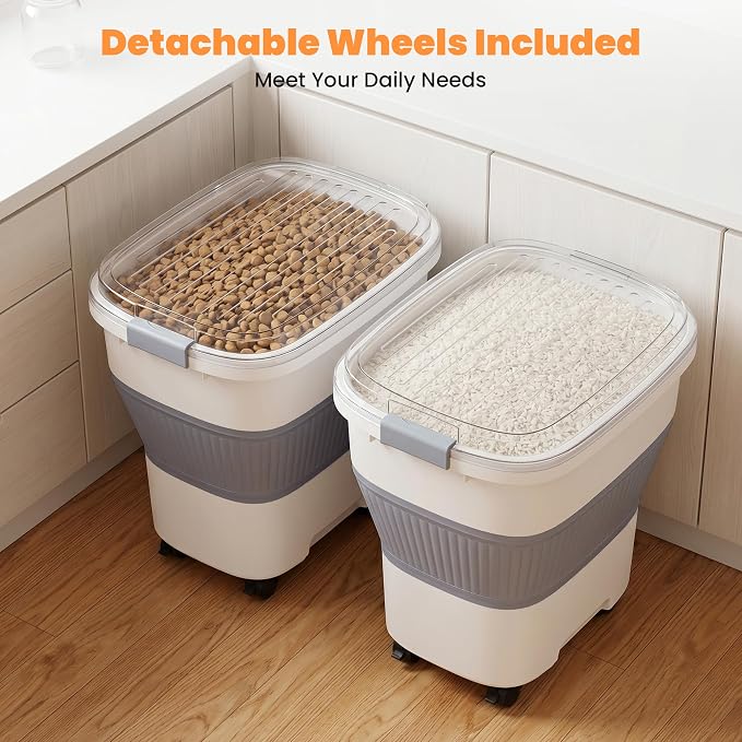 50 Lbs Rice Storage Container with Wheels, Collapsible Airtight Rice Holder with Transparent Lid, Measuring Cup, Scoop, Handle, BPA Free Food Storage Container for Pet Food, Grain, Bird Seed