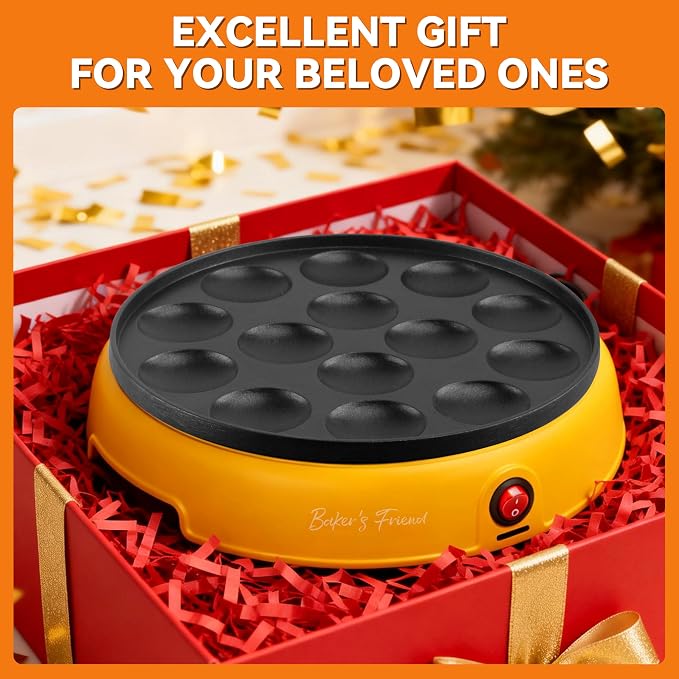 Baker's Friend Mini Pancakes Maker Machine, Dutch Mini Pancake Griddle, 14 Holes Electric Poffertjes Pan, Ideal for Breakfast, Snacks, Desserts & More, Yellow