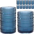 ZMOWIPDL Vintage Glassware Drinking Glasses Set of 12,Blue 12oz & 15oz Hobnail Glass Cups,Embossed Water Tumbler,for Beer,Cocktail,Whiskey,Juice and Various Mixed Drinks- 1 Cleaning Brush