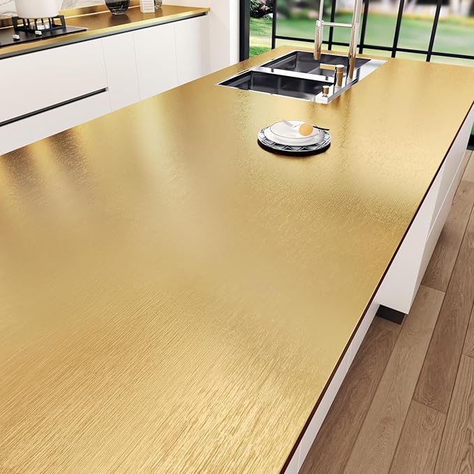 WESTICK Gold Stainless Steel Contact Paper for Appliances Textured Gold Refrigerator Wrap Peel and Stick Countertops Waterproof Heat Resistant Brass Fridge Vinyl Wrap for Cabinets Tables 15.8"x394"