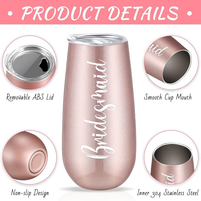 Amyhill Bridesmaid Wine Tumblers, Bride Champagne Flute Maid of Honor Bride Mugs, 6 oz Stainless Steel Bridesmaid Proposal Gifts for Engagement Wedding Bachelorette Party Supplies (Set of 10)