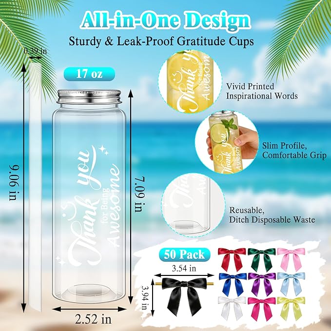 50 Pcs 17 oz Thank You Plastic Cups Bulk, Employee Appreciation Gifts for Staff Inspirational with Lids, Straw and Twist Bow, Reusable Acrylic Skinny Tumbler for Staff Coworker Teacher Nurses