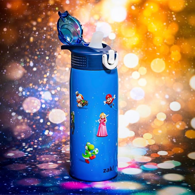 Zak Designs The Super Mario Galaxy Movie Sage Kids Water Bottle For School or Travel, 19oz Insulated Stainless Steel Water Bottle With Leak-Proof Straw, BPA Free (Mario & Friends)