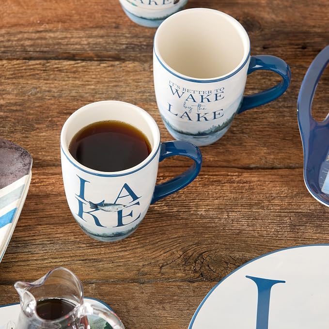 Wake at the Lake 14-Ounce JUMBO Mugs, Set of 4, Lakeside-Inspired Designs with Oars & Water Scenes, Durable Ceramic, Dishwasher & Microwave Safe, Cozy Coffee & Tea Cups for Everyday Use