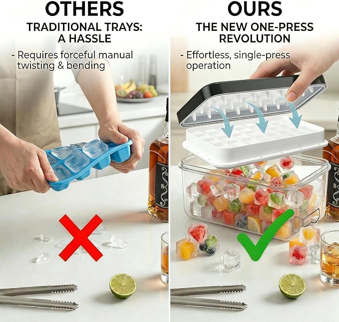 Ice Cube Tray with Lid and Bin, Ice Trays for Freezer with 40 Cubes, Easy-Release Silicone Ice Cube Molds, Stackable Ice Bucket Kits with Stainless Steel Ice Tongs for Drinks, Coffee, Cocktail