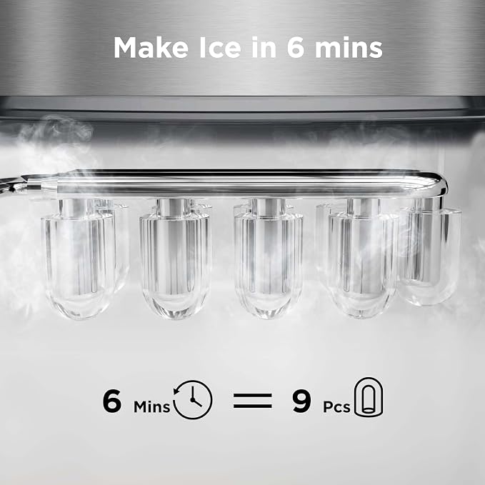 Totnz Countertop Ice Maker Machine - 26lbs in 24Hrs, 9 Ice Cubes Ready in 6 Mins, Auto-Cleaning Portable Ice Maker with Ice Basket, Handles and Scoop, for Home/Kitchen, Stainless Steel