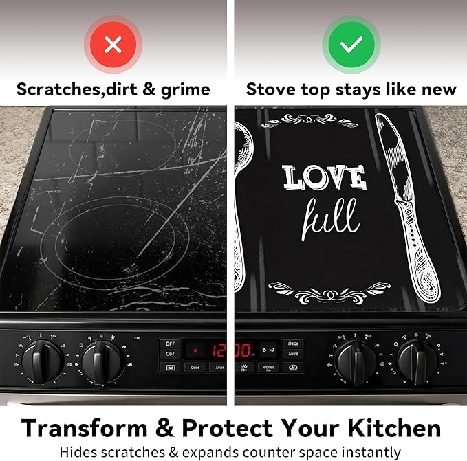 Decorative Stove Top Covers for Electric Stove 28"x20" – Heat Resistant Glass Cooktop Protector Dish Drying Mat – Non-Slip Rubber Backing Washer Top Cover Waterproof Extra Counter Space (Kitchen 2)