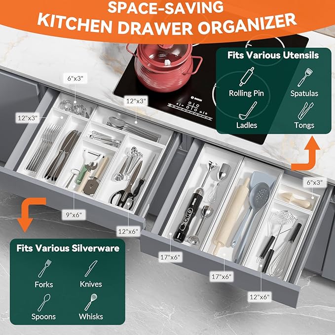 Lixple Bamboo Drawer Organizer, Small Silverware Organizer for Kitchen Drawer, Stackable Utensil Organizer, 2 Pcs Flatware Organizer Wooden Storage Box Tray (White, 6 X 3 X 2 Inch)