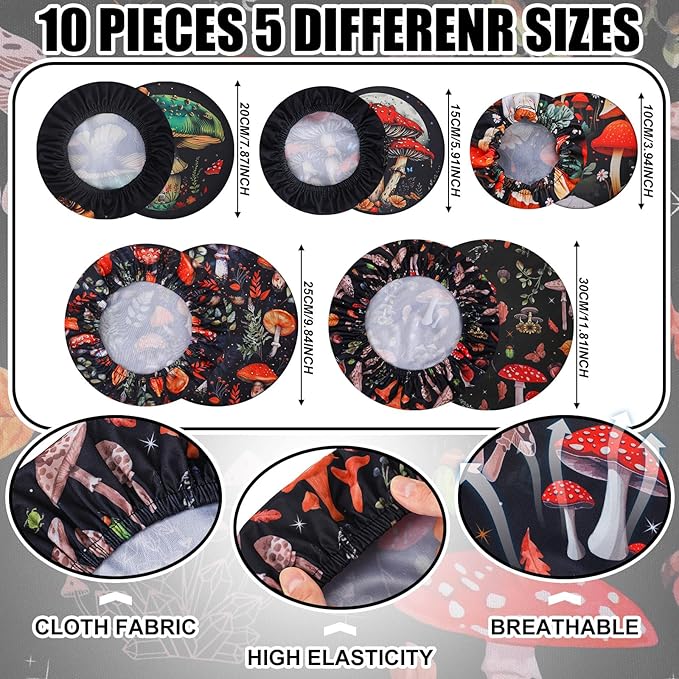 Patelai 10 Pcs Bowl Covers Reusable in 5 Size Stretch Cloth Fabric Elastic Food Storage Bowl Covers Bread Sourdough Lids for Proofing Food Fruits Leftover(Deep Color,Mushroom Style)