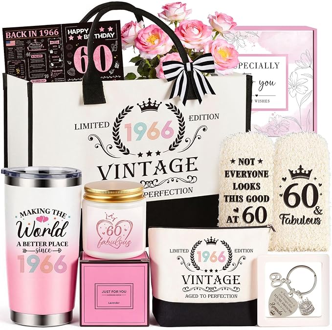 60th Birthday Gifts for Women, Vintage 1966 Happy 60th Birthday Gifts Basket for Women Unique Gift Ideas for 60 Year Old Female, Mom, Wife, Grandma, Sister, Funny Bthday Gift Turning 60 Year Old