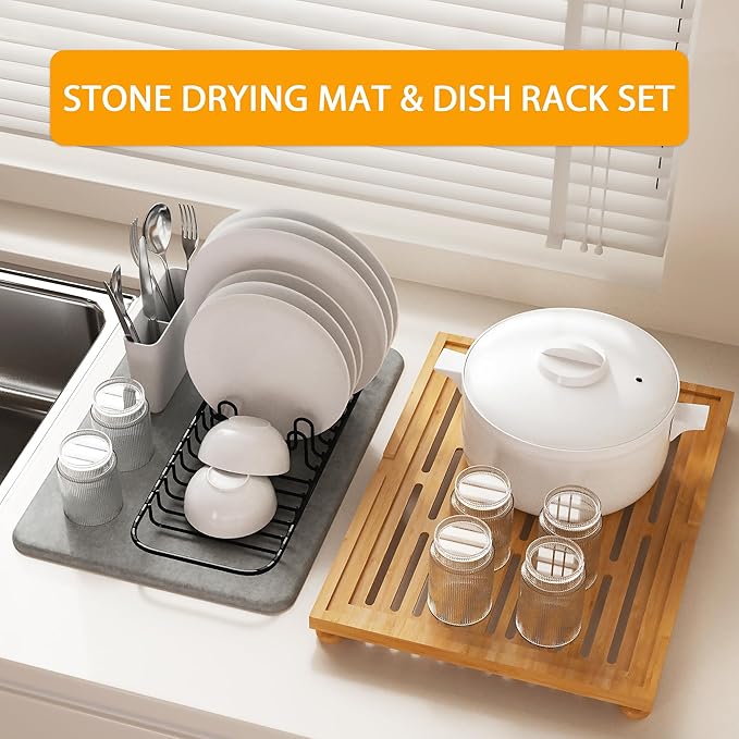 Golener Stone Drying Mat for Kitchen Counter, Dish Drying Pad with Bamboo Rack, Super Absorbent Diatomaceous Earth and Drying Rack, Multi-purpose Quick Drying Mat Rack for Kitchen, 16”x12”, Dark Grey