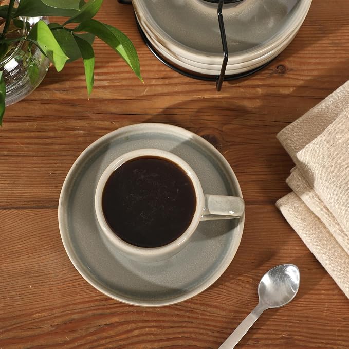 Gibson Elite Sunrise Hills 9-Piece Stackable Stoneware Cup and Saucer Set with Metal Rack, 6 oz, Service for 4, Dishwasher and Microwave Safe, Gray