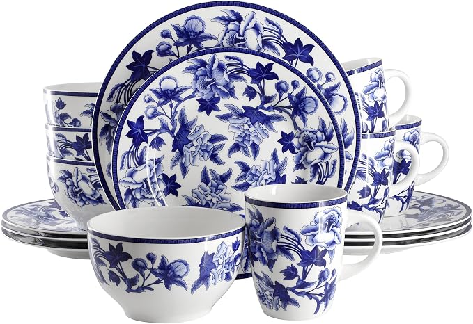 Elama Cattleya Orchid Design 16 Piece Round Porcelain Dinnerware Set in Blue and White, Tableware Set, Service for 4
