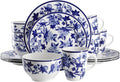 Elama Cattleya Orchid Design 16 Piece Round Porcelain Dinnerware Set in Blue and White, Tableware Set, Service for 4