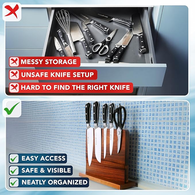 Cutluxe Magnetic Knife Block - Double Sided Acacia Wood Knife Holder, Strong Magnetic Strips, Universal Fit Knife Storage Stand