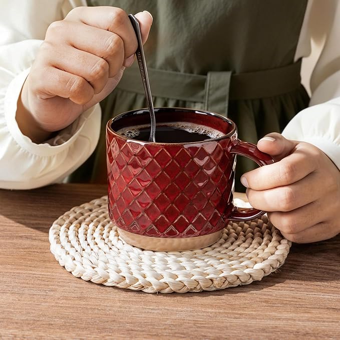 GBhome 12 OZ Stackable Coffee Mugs, Ceramic Coffee Mugs with Texture Patterns for Man,Woman,Dad,Mom, Modern Coffee Mugs Set of 4 for Latte/Cappuccino/Cocoa. Dishwasher&Microwave Safe