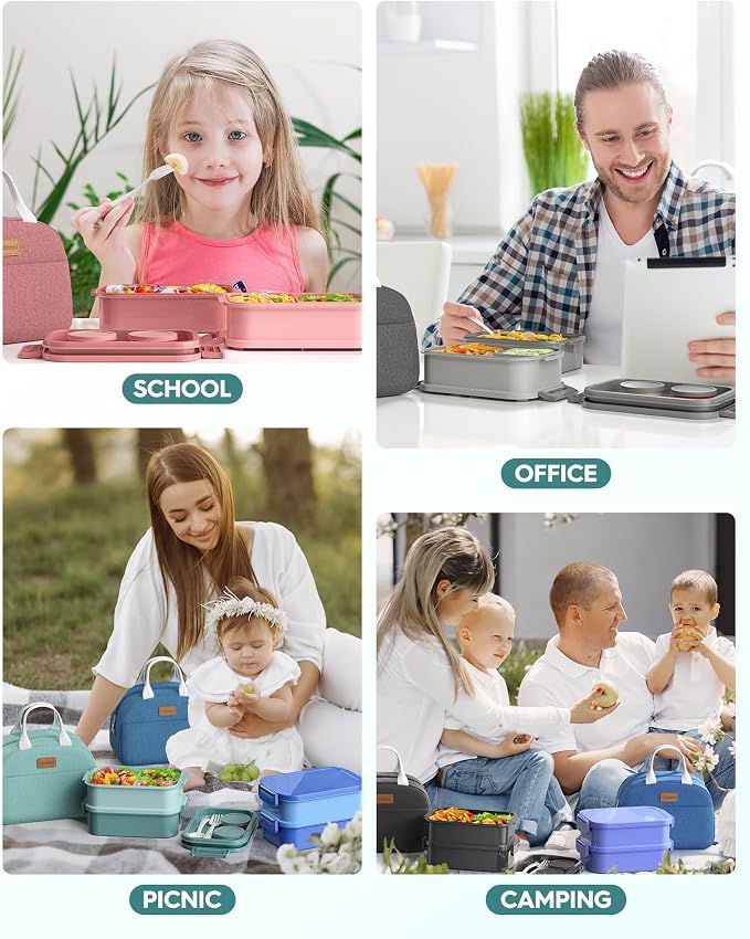 Adults Bento Box with Insulated Lunch Bag, 74oz Capacity 3 Stackable Leak-Proof Bento Box Built-In Utensil and Sauce, PFAS & BPA-Free, Microwave & Dishwasher Safe (Mint Green)