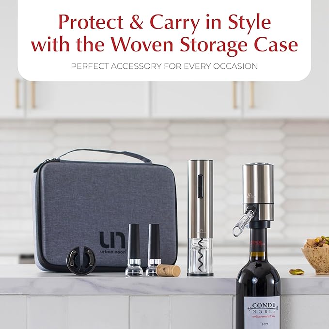 Rechargeable Electric Wine Opener Set with Aerator, Foil Cutter & Vacuum Stoppers – Automatic Wine Bottle Opener Kit with Portable Case – 7 Piece Wine Gift Set (Silver)