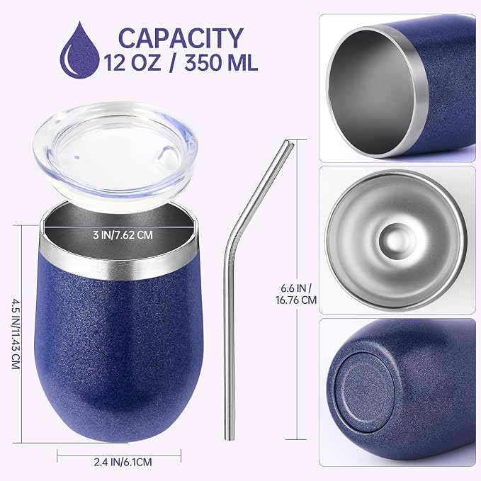Volhoply 12oz Stainless Steel Wine Tumbler with Lid and Straw,Double Wall Vacuum Insulated Stemless Wine Glasses,Reusable Travel Coffe Mug for Cold Drinks,Tumblers Gifts for Women Men（Navy,1 Set）