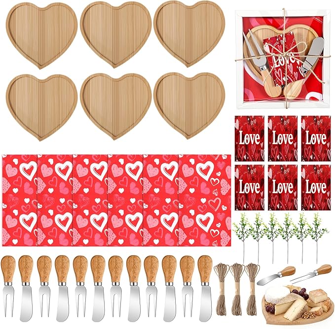 LemonRoad 6 Set Heart Board Gifts for Mother Bamboo Heart Charcuterie Board with Utensils Kitchen Towels Thank You Tags for Mother's Day Bridal Baby Shower Birthday Holiday Housewarming Party Favors
