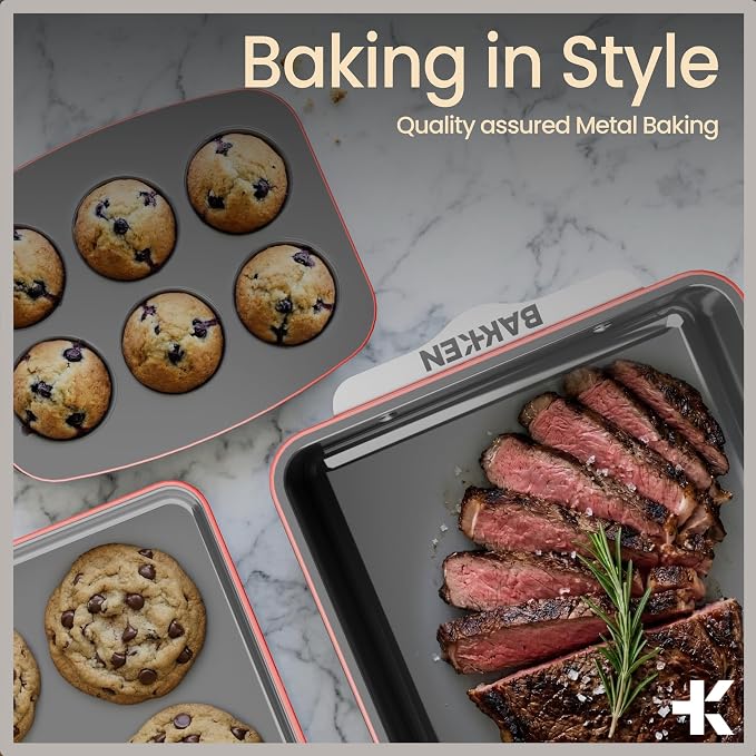 Bakken 8-Piece Ceramic Coated Bakeware Sets, Nonstick Aluminized Steel Pans with Muffin, Loaf, Cake, Roasting Pan, & Cooling Rack, Oven Safe Up To 500°F, Dishwasher Safe, BPA, PTFE & PFAS Free, Pink