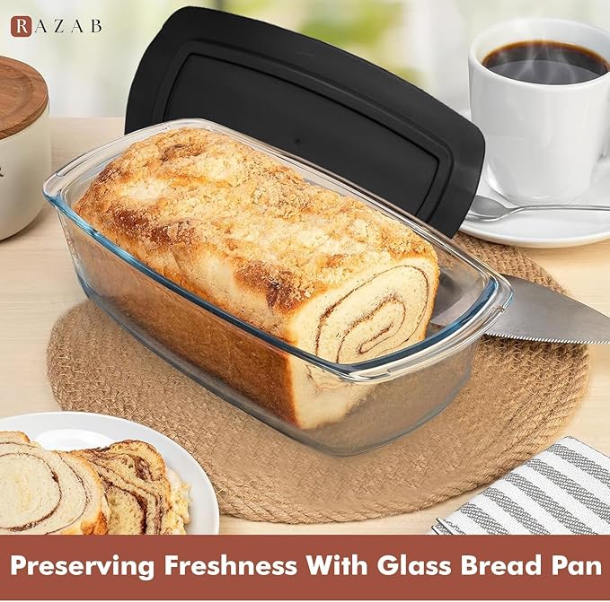 Razab LARGE 7.6 Cups/1800 ML/1.9 Qt Glass Loaf Pan with Lids - Meatloaf Pan BPA free Airtight Lids Grip Handle Easy Carry, Microwave and Oven Safe - Loaf Pans For Baking Bread, Cakes, Glass Loaf Pan