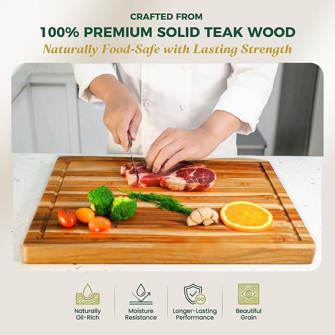 Teak Wood Cutting Boards for Kitchen, [18" x 14" x 1.25"] Medium Wooden Cutting Boards, Knife Friendly Butcher Block Cutting Board with Deep Juice Grooves and Built in Handle