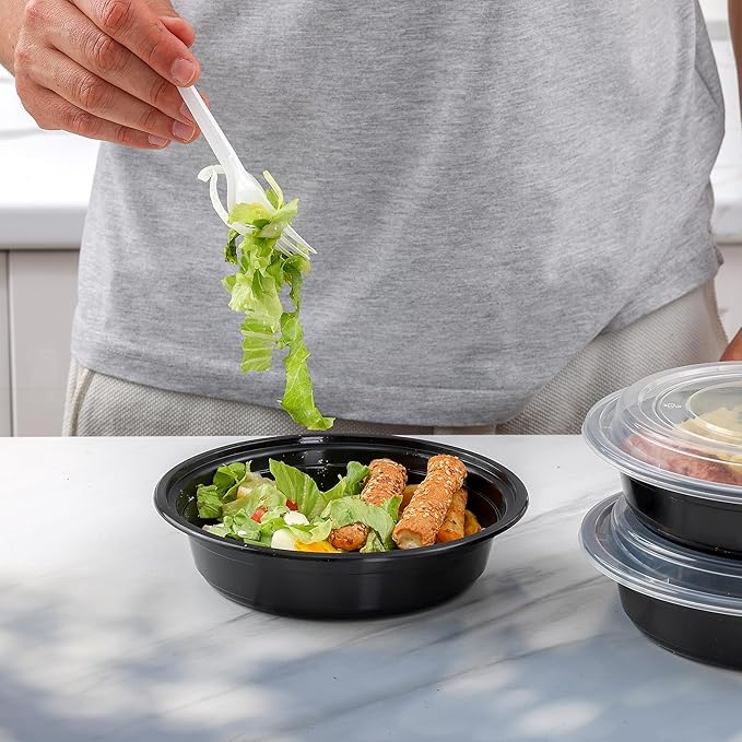 GUSTO [24 oz - Case of 150 Round Meal Prep Containers with Lids – Reusable, Microwaveable, Dishwasher & Freezer Safe, BPA-Free Food Storage Containers for Portion Control (Formerly Comfy Package)