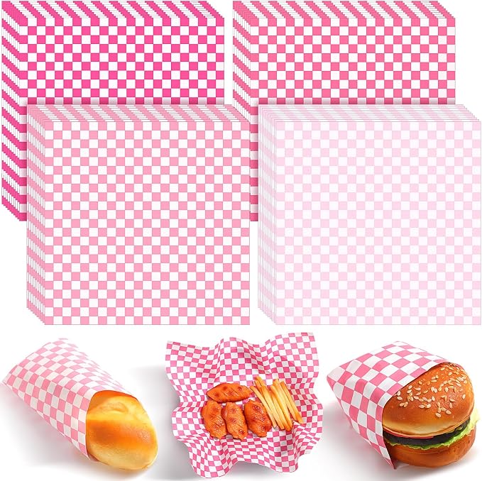 Spakon 1000 Sheets Wax Deli Paper Sheets for Food 12 x 12 Inch Checkered Dry Waxed Deli Basket Liners for Sandwich Wrapping, Food Basket Liners, Picnic party(Pink-white)