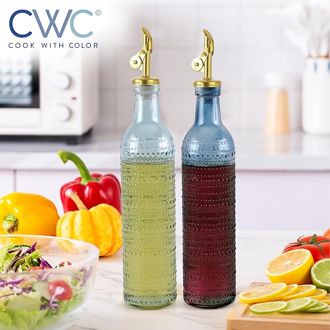 COOK WITH COLOR Glass Olive Oil Bottle Dispenser - 2 Pack- 17oz Oil and Vinegar Cruet - Olive Oil Carafe Decanter for Kitchen, Champagne Bubbles, Blue