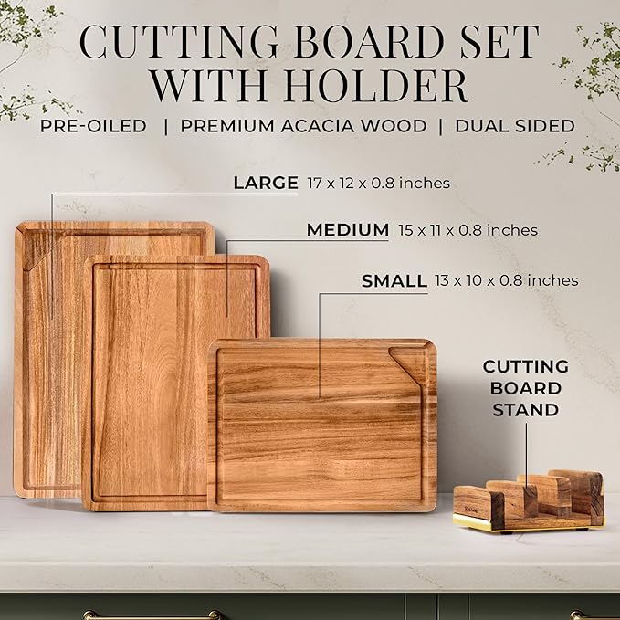 Acacia Wood Cutting Board Set with Holder – 4 Piece Wooden Cutting Board Set with Stand – Reversible Charcuterie Tray with Juice Grooves and Gold Handles – Stylish Kitchen Gift