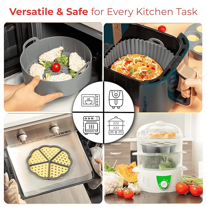 EM Set of 5 Silicone Air Fryer Liners with Egg Bite Mold, Waffle Mold & Mitts - 7.5” Round Reusable Silicone Inserts for 3-5 Qt Airfryers - Easy to Clean & Heat-Resistant Air Fryer Accessories Set