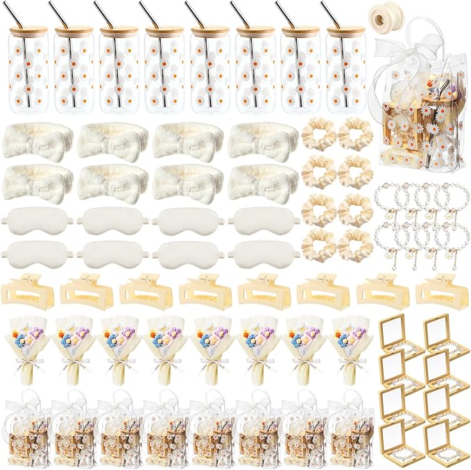 Vesici 73 Pcs Spa Sleepover Party Supplies Bulk Women 8 Sets Slumber Birthday Bridesmaid Gift Crochet Flower Glass Cup Eye Mask Hair Ties Gift Bag Bracelets Scrunchies Headband(Daisies,Beige)