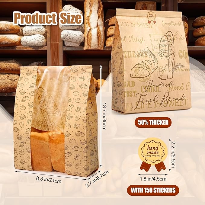 Feifeiya 250 Pack Kraft Paper Bread Bags for Homemade Sourdough Bread Bag with Clear Window 13.7 x 8.2 x 3.5 Large Bakery Packaging for Treat Storage Gift Giving with Seal Sticker