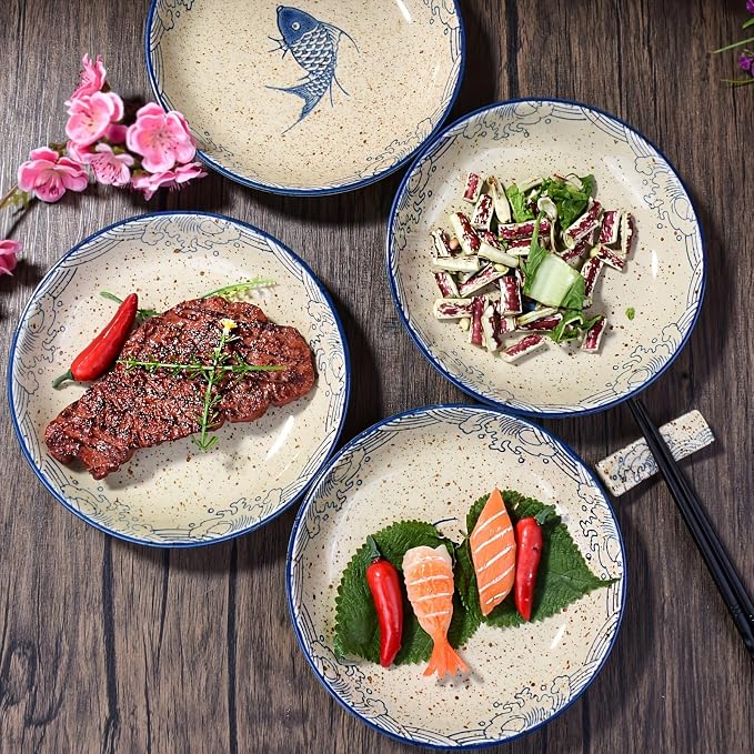 Ceramic Dinnerware Set of 8,4 Pieces 7 Inch Plates and 4 Pieces 4.45 Rice Bowls, Dishwasher & Microwave Safe