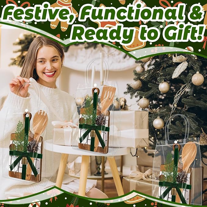 6 Set Christmas Gift Kitchen Utensils Set Acacia Spatula Mini Cheese Board Pine Cones for Christmas Kitchen Holiday Gift Party Decor
