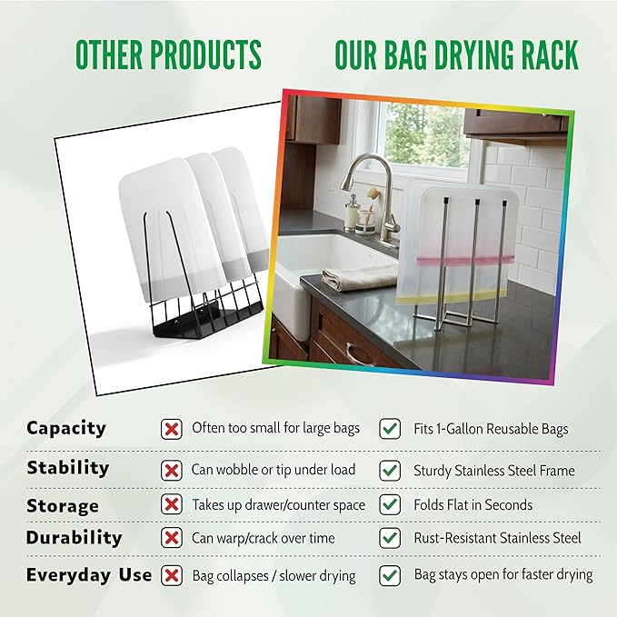Reusable Bags Drying Rack, Extra Tall for 1 Gallon Zip-Top Reusable Bags, Foldable Stainless Steel Dryer Stand for Silicone & Plastic, Sandwich & Snack, Countertop Organizer, Silver, 1-Pack
