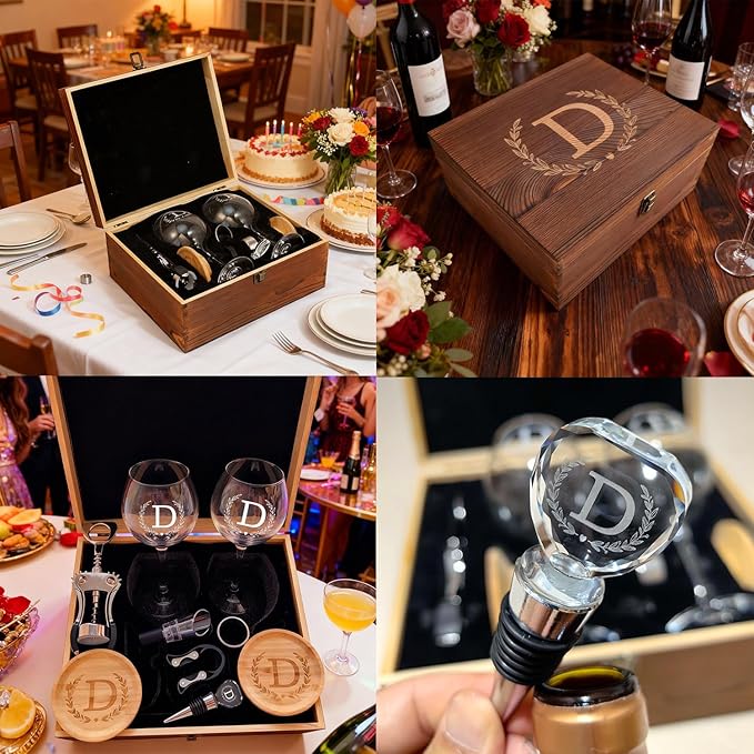 GZLDGIFTS Personalized Initial Wine Glasses Box Gift Set For Women Mom Engraved Birthday Monogrammed Wooden Christmas Gifts Wedding Anniversary Wine Couples Stopper Opener Initial Letterr (D Set)