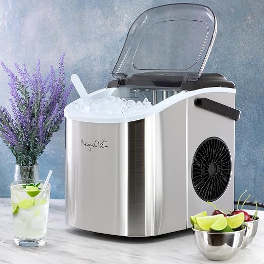 MegaChef 26 Pound Countertop Bullet Ice Maker, Basket and Scooper, Countertop Ice Machine, Easy-Carry Portable Ice (Silver)
