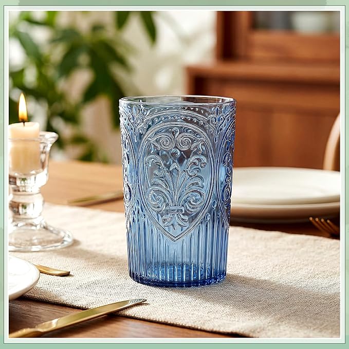 24 Pcs 16 oz Plastic Vintage Drinking Glasses Stemless Ribbed Highball Glasses Bulk Embossed Reusable Cup for Water Beer Cocktails Juice Wedding Bridal Shower Birthday Event Party (Mixed)