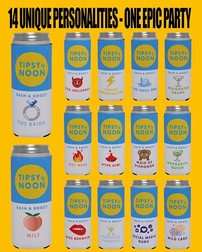 Funky Junque Bachelorette Party Favors Slim Can Cooler, Funny Bridesmaid & Bride Gifts for Girls Trip, Bridal Shower Decorations & Accessories, 12 oz Skinny Can Covers - Tipsy by Noon - 14 Pack
