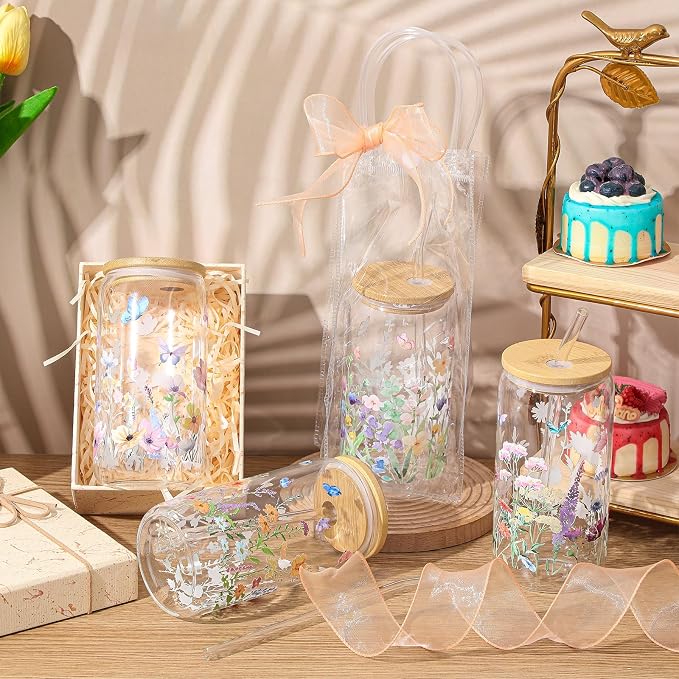 Mumufy 16 Sets Wildflower Glass Cups with Clear Gift Bag 16 oz Reusable Pink Iced Coffee Mugs Aesthetic Cute Tumbler with Lids and Straws, Gifts for Girls Women Bridesmaid