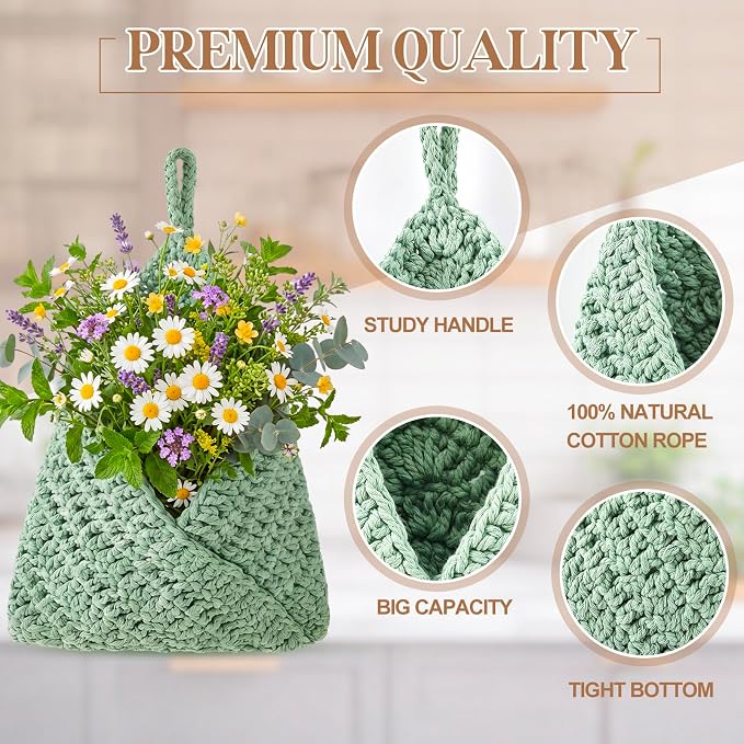 Honeydak Boho Decor Hanging Wall Baskets for Kitchen 3 Pack Teardrop Baskets with Hooks Storage Fruit Onion Vegetable Potato for Home 3 Sizes(Sage Green,Triangle,Cotton Rope)