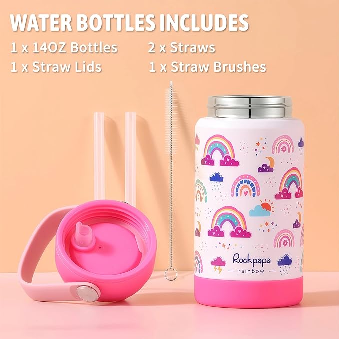 rockpapa Kids Lunch Box Set with 14oz Insulated Water Bottle & Lunch Bag, Leakproof 5.5 Cups Bento Box for School & Children, BPA-Free, Microwave Safe for Boys Girls (White Rainbow)