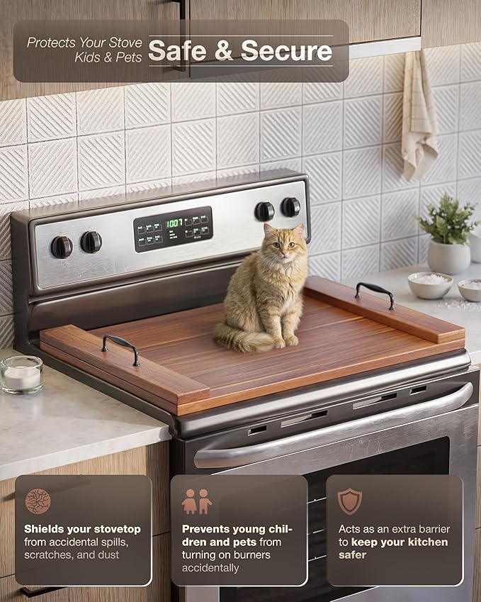 BLUEWEST Noodle Board Stove Cover, Acacia Wood Stove Top Board for Gas Burners and Electric Stove, Extra Thick Wooden RV Stovetop/Sink Cover - Tray for Kitchen Counter Space