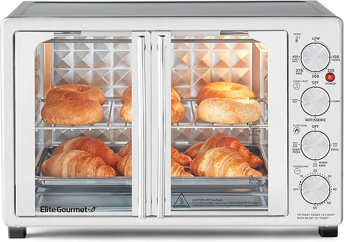 Elite Gourmet ETO4524 45L Countertop Convection Toaster Oven, French Doors, Adjustable Temperature & Timer, Bake, Roast, Broil, Toast, Includes Baking Pan, Rack, Rotisserie, Stainless Steel