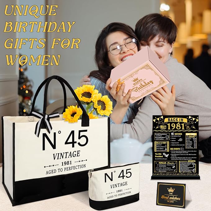 YeohJoy 45th Birthday Gifts for Women Canvas Tote Bag Travel Gear,Unique 45 Years Old Gifts for Wife Mom Sister Aunt Friends Her, Vintage N°45 Handbag & Cosmetic Bag & Back in 1981 Poster