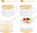14oz Glass Mugs with Lid Handle Spoon Vintage Iced Coffee Mug of 4 | Embossed Vintage Hobnail, Non-slip, Ergonomic Handle, Dustproof, Sealed Bamboo Lid for Beverage Family Breakfast Oats Yogurt