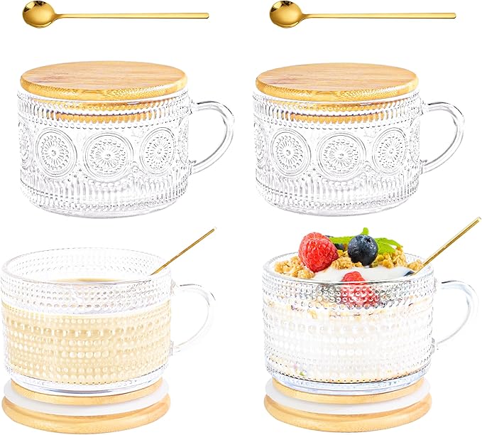 14oz Glass Mugs with Lid Handle Spoon Vintage Iced Coffee Mug of 4 | Embossed Vintage Hobnail, Non-slip, Ergonomic Handle, Dustproof, Sealed Bamboo Lid for Beverage Family Breakfast Oats Yogurt